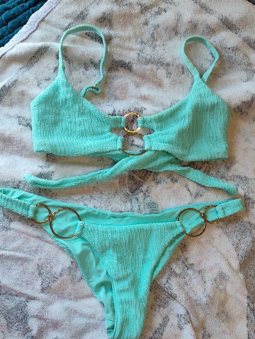 Beach Bunny Aqua Textured Bikini Set with Gold Rings